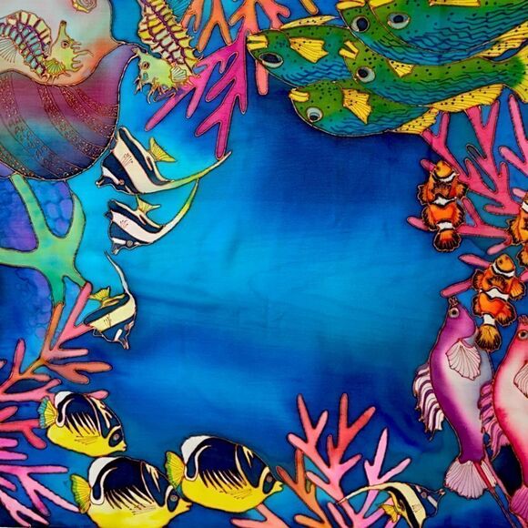 Silk chiffon Lee Caldwell tropical ocean fish hand painted scarf 29” square